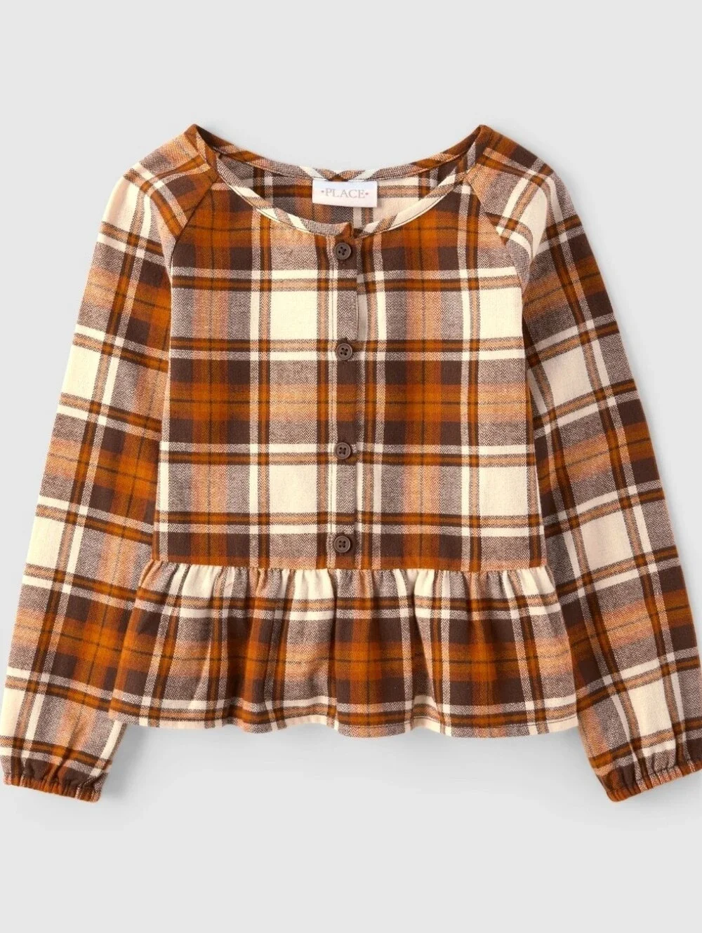 The Children's Place Orange and Cream Plaid Peplum Button-Up Top - Picture 1 of 3